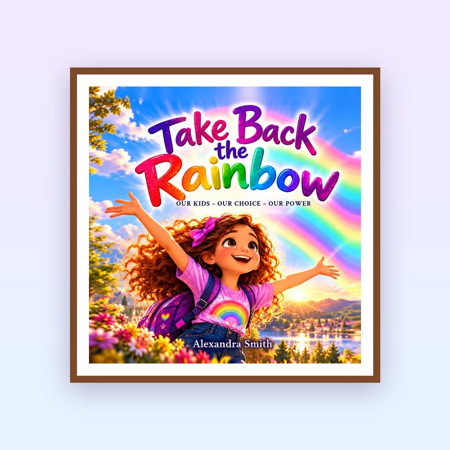 Mockup of a framed art print of the Take Back the Rainbow cover on a soft purple wall.