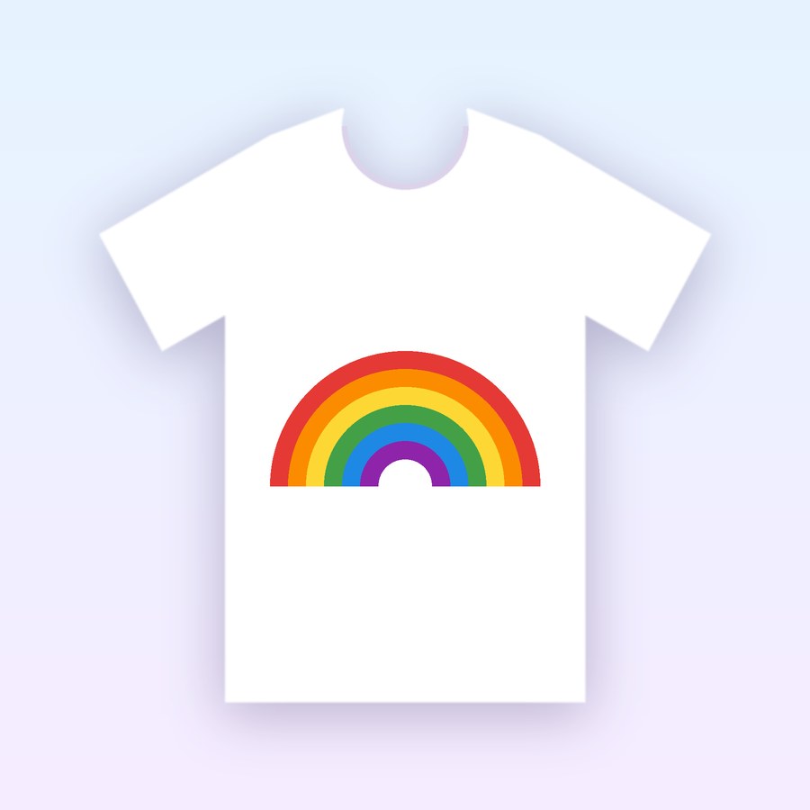 Mockup of a white kids' T-shirt with a bright rainbow printed on the front.