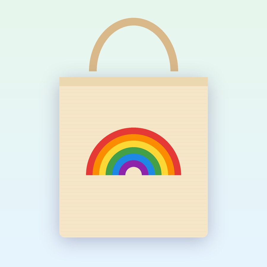 Mockup of a natural canvas tote bag with a bright rainbow printed on the front.