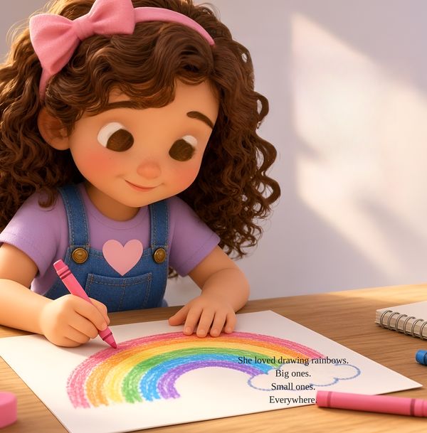 Sample page: a girl with curly brown hair and a pink bow draws a big rainbow with a pink crayon at a wooden desk.