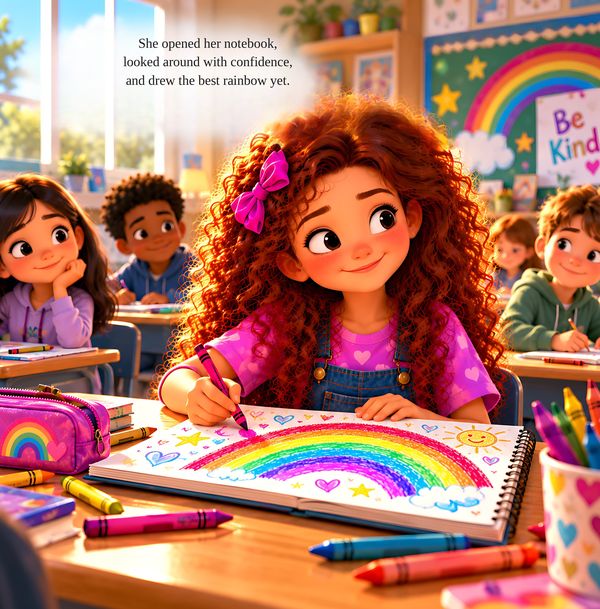 Sample page: in a bright classroom, the girl smiles confidently as she draws a colorful rainbow in her notebook while classmates sit nearby.